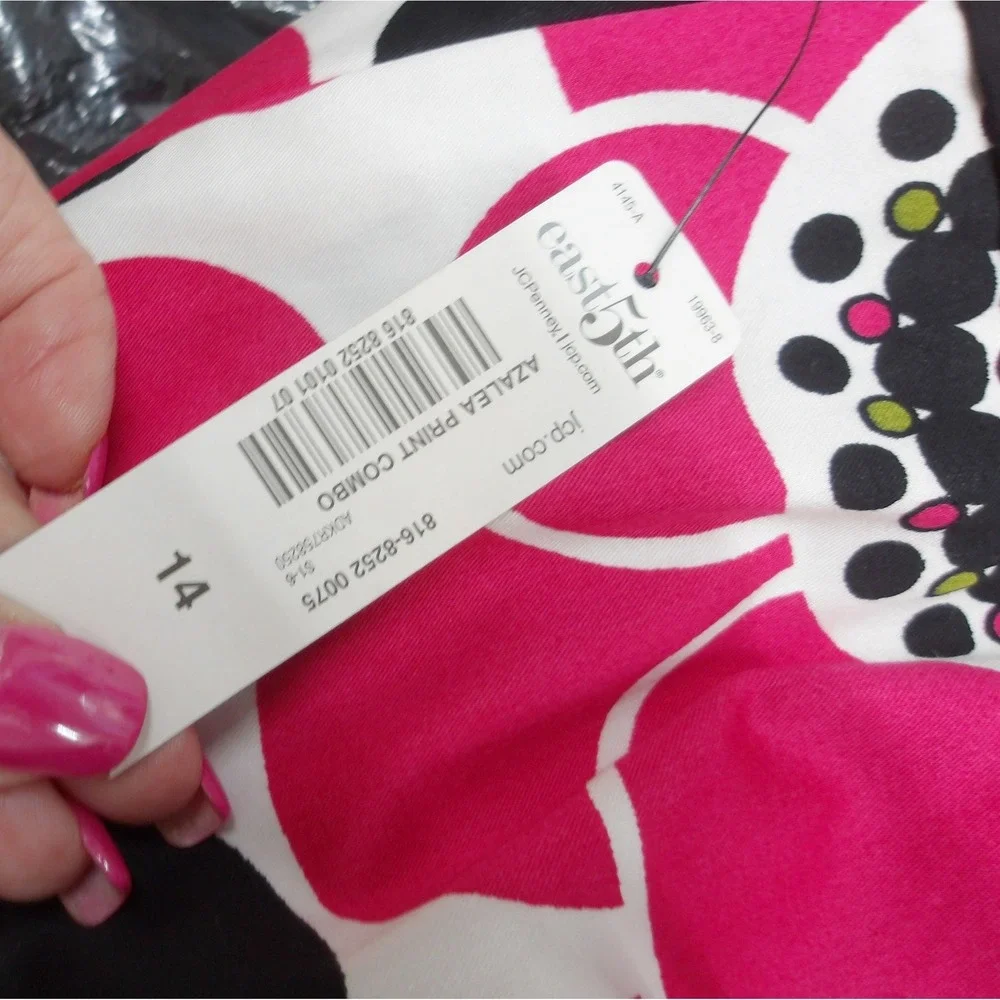 Vibrant Pink Black White Floral Polka Dot Mod A-Line Skirt Knee Length 14/#26634